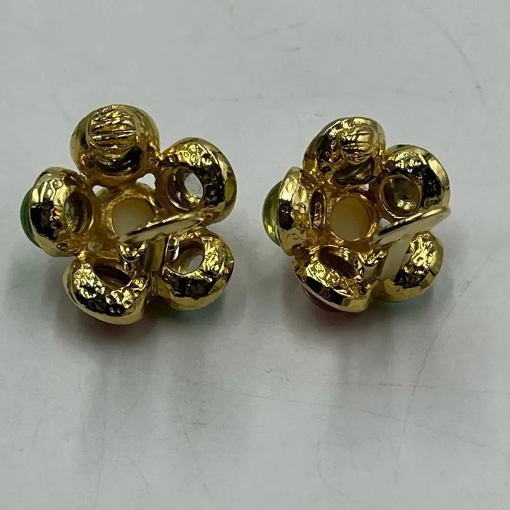 Vintage Pastel Colors Flower Cabochons Moon glow Clip On Gold‎ Tone Earrings
